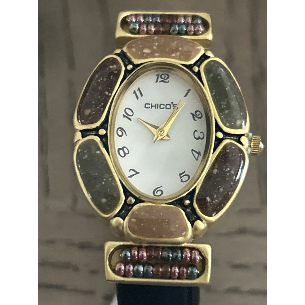 Chico's Y2K‎ Oval Gold Tone Beaded Faux Stone Watch w/ Pouch Quartz Not Tested - Picture 3 of 7